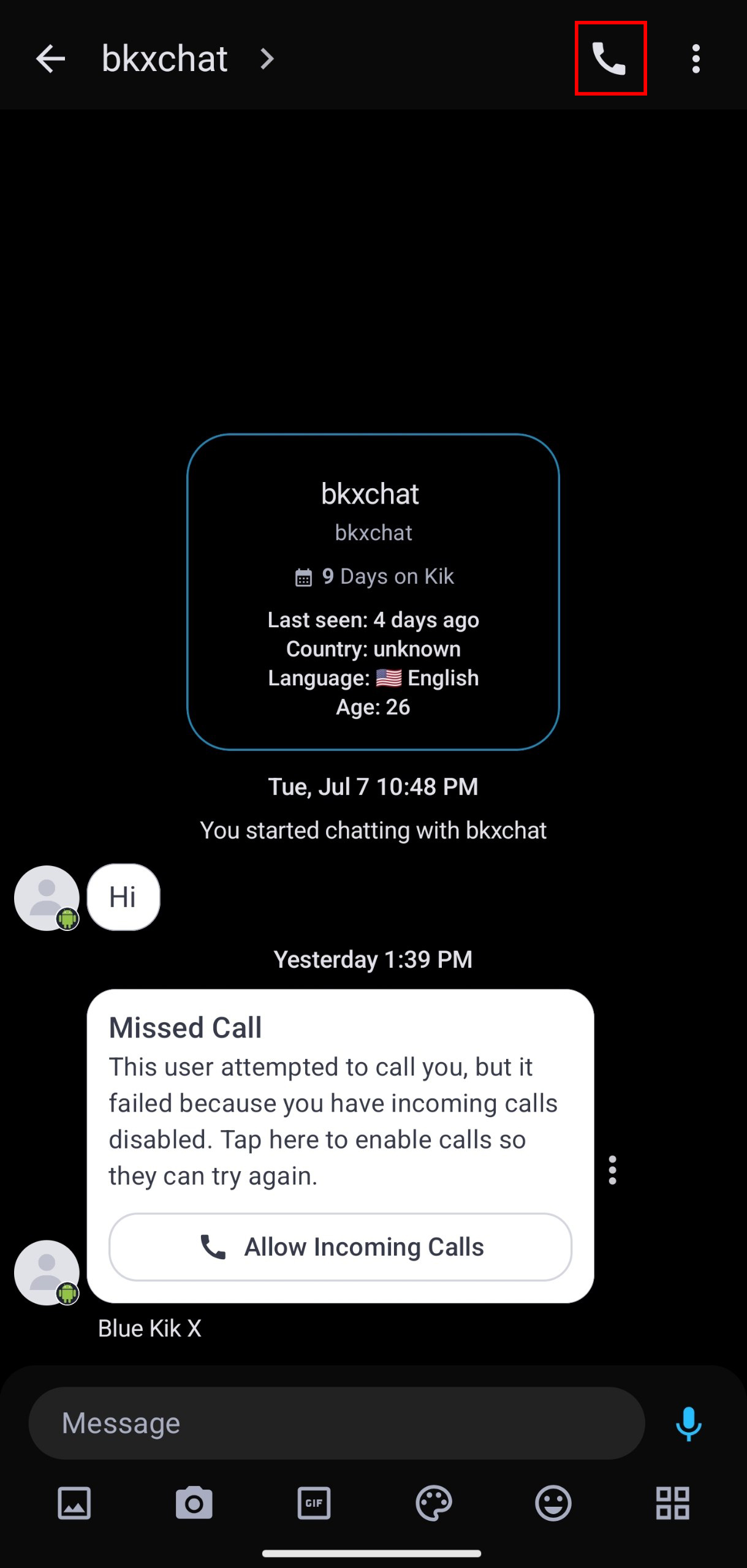 Screenshot showing the call icon in the chat header